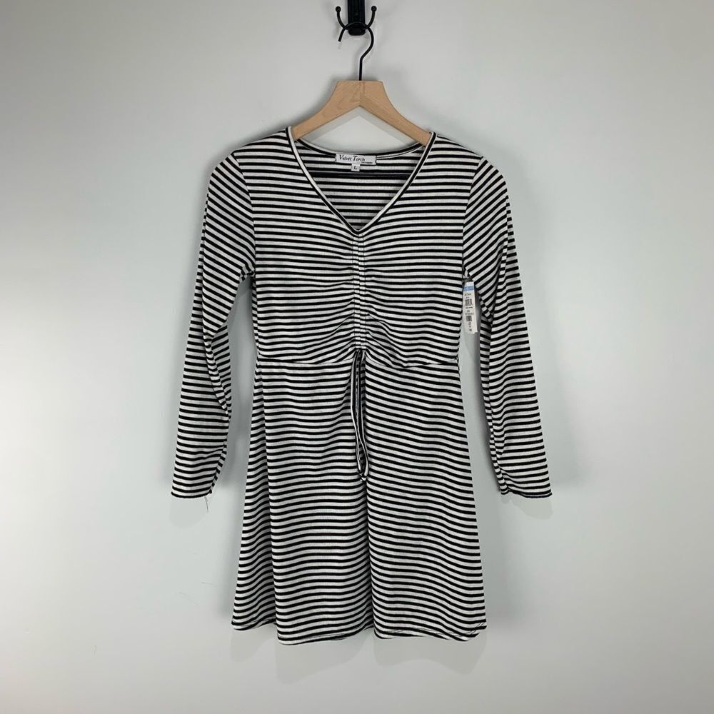 Velvet Torch Black/White Striped Long Sleeve Dress L NWT